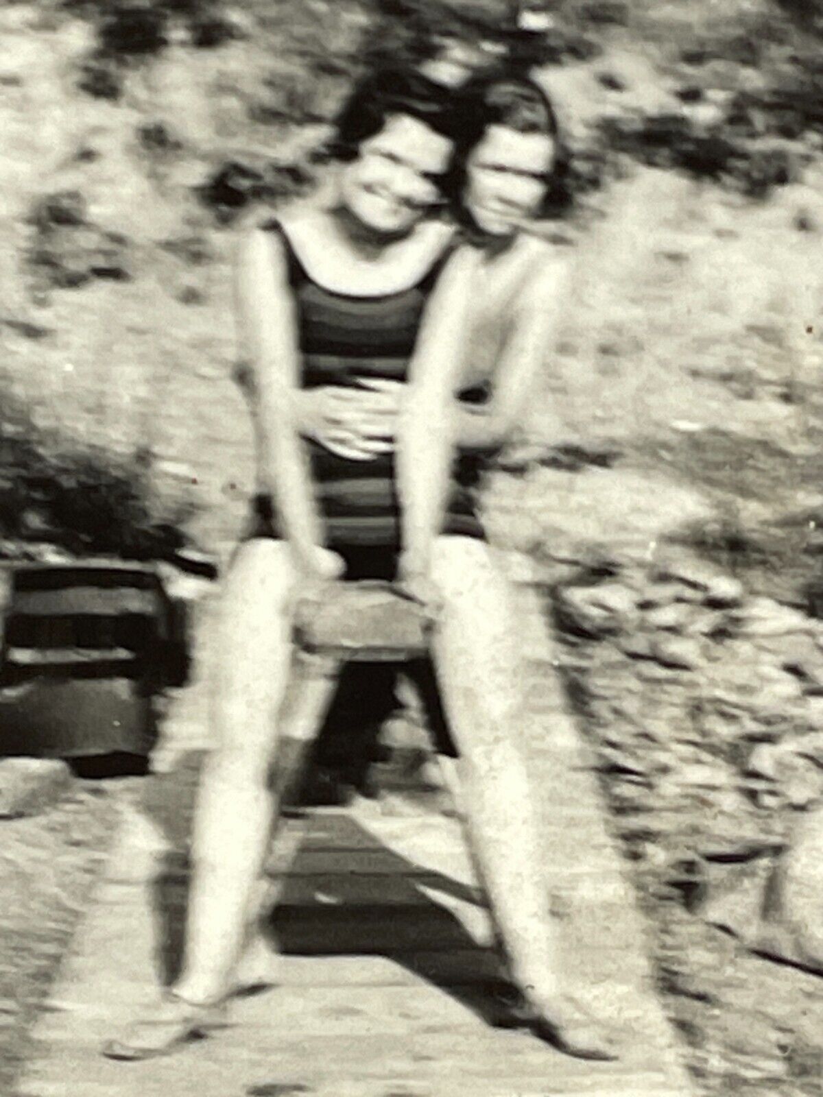XH Photograph BLURRY BLURRED Two Pretty Women Bathing Suits Embrace 1940's 
