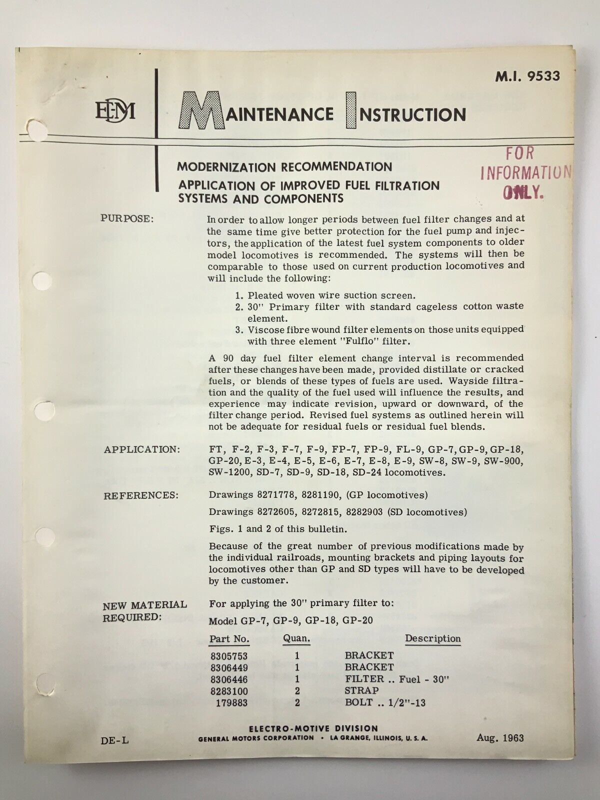 Fuel Filtration Systems 1963 Maintenance Instruction EMD Electro Motive X594