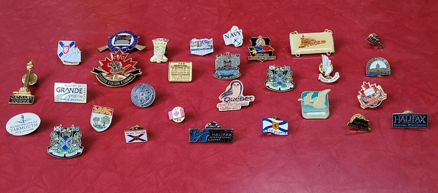 Lot Of 29 1970-1990s Canada Misc Lapel Pins, Cities, Towns, Navy, Curling, +++