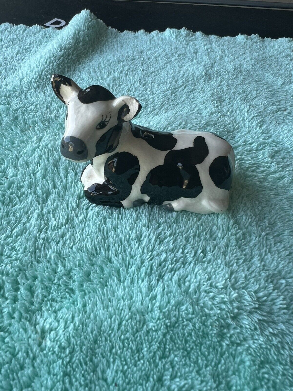 Vintage Black & White Ceramic Cow Calf Figurine