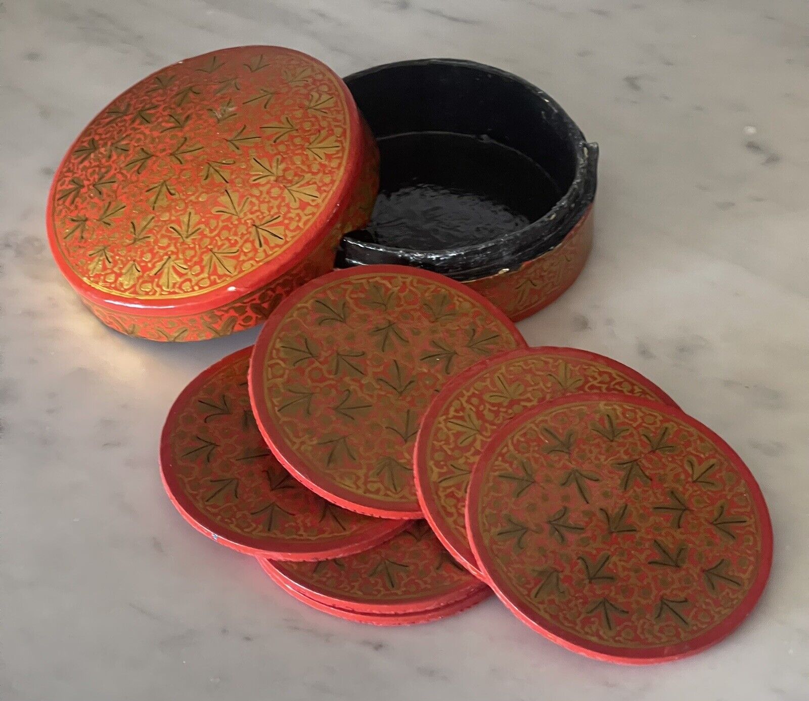 Vintage MCM Red and Metallic Gold Paper Mache Lacquerware Coaster Set