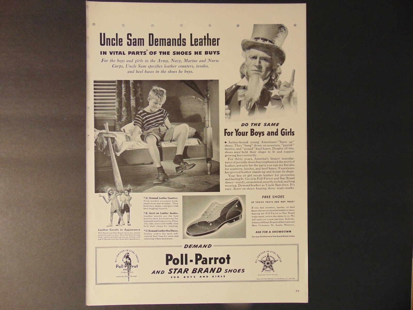1941 POLL-PARROT STAR BRAND SHOES  Uncle Sam Demands vintage art print ad