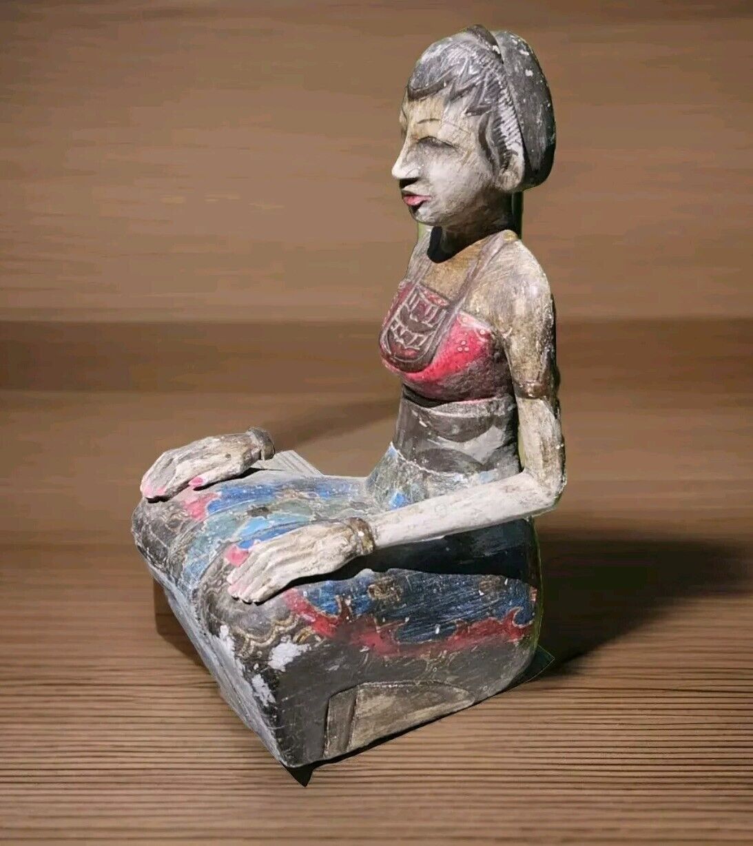Indonesian Hand Carved and Painted Wood Woman Statue Figurine.