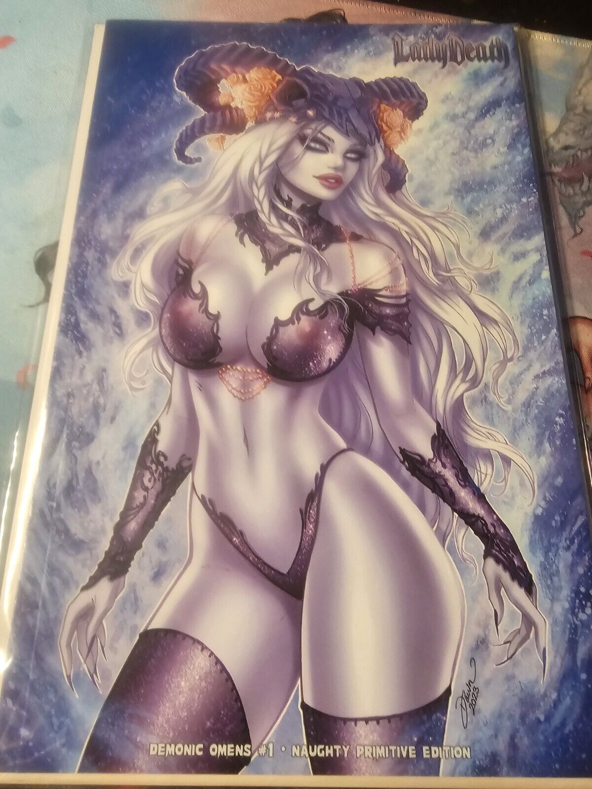 Lady Death Demonic Omens Kickstarter N@ughty Primitive cover by Dawn McTeigue