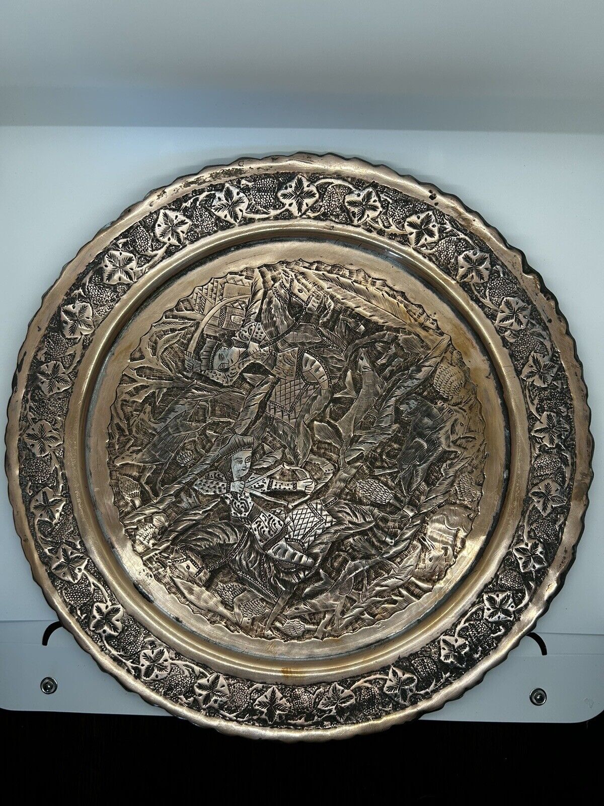 Stunning Large Indo-Persian Copper Charger Plate Embossed Battle Scene-13.5”