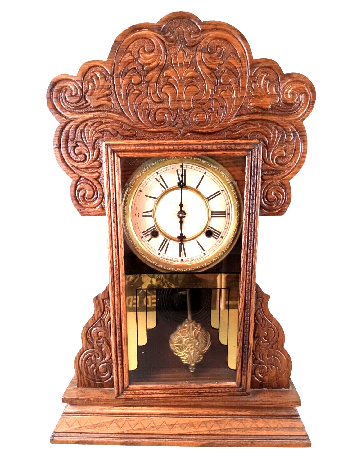 Antique 1800s WATERBURY Carved Oak Victorian Gingerbread Shelf Mantel Clock RUNS