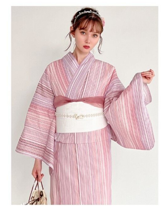 Kimono Yukata Set Grail Dress Stripe Pink Kyoto Summer Clothes  Japan