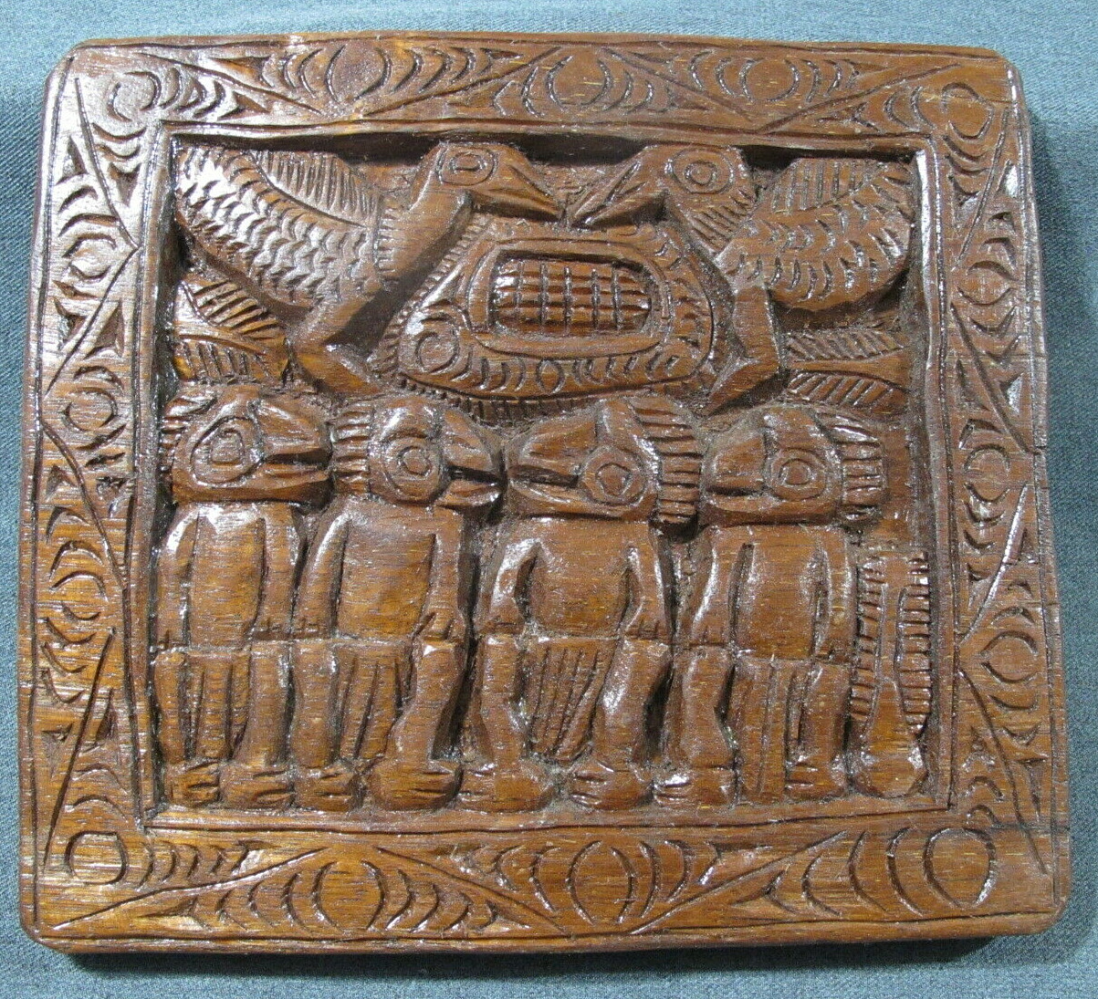 Papua New Guinea carved wooden panel board 9 & 1/2 x 10 & 1/2 inches