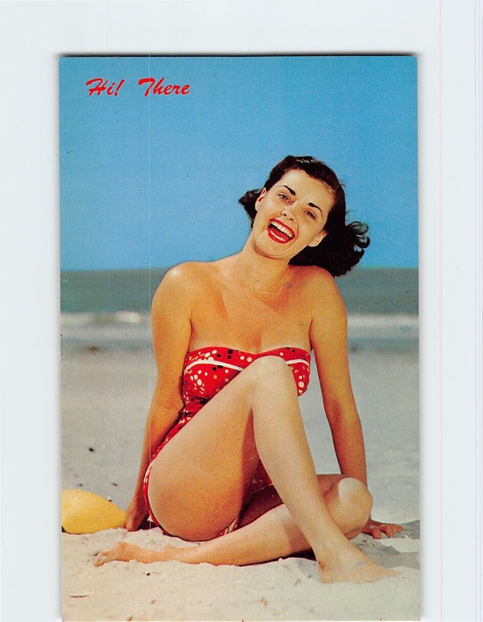 Postcard Hi There Woman in a Red Swimsuit Sitting at the Beach