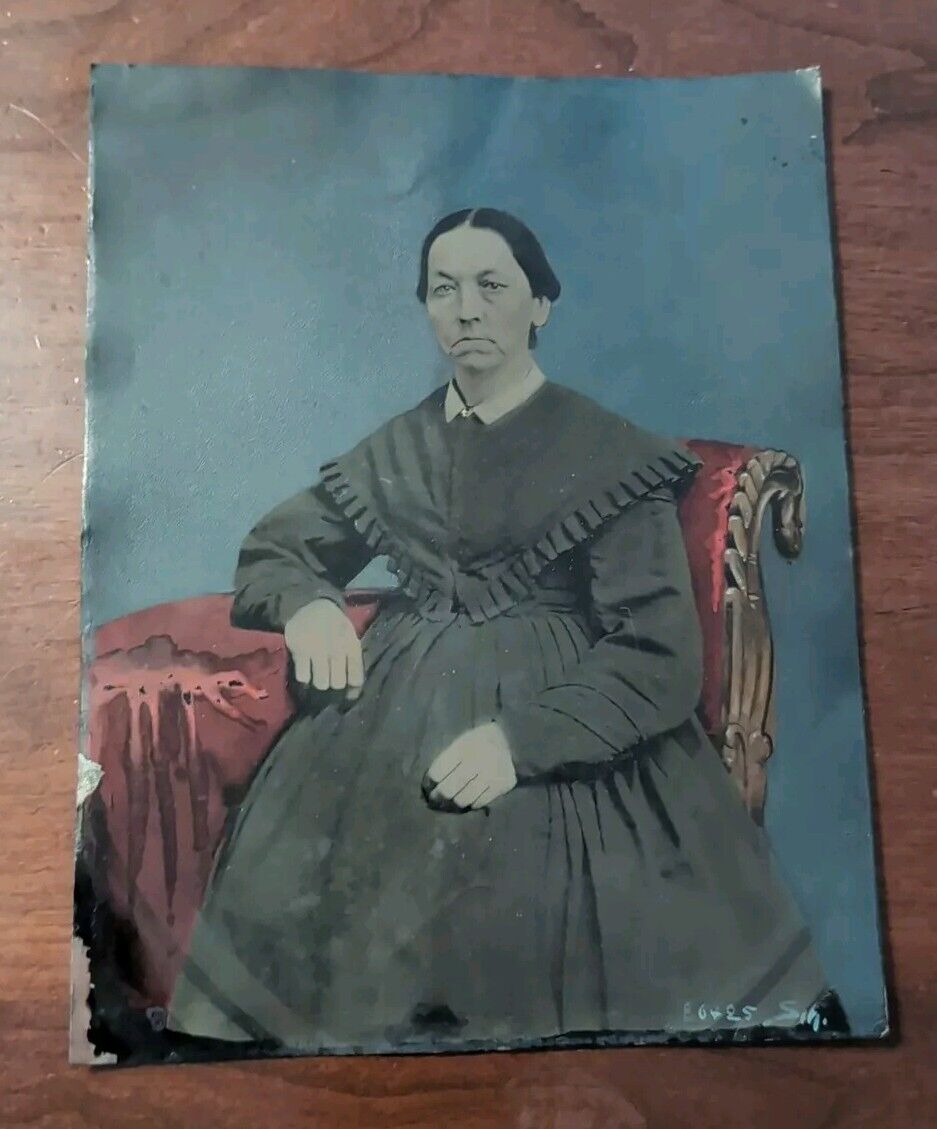 Antique Tintype Photograph Hand Colored American Large Plate Dour Woman