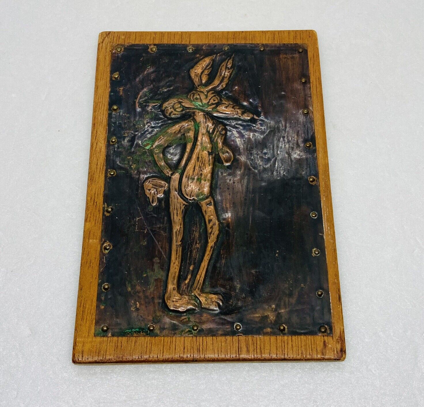 Rare 1970s Looney Tunes Wile E Coyote Copper Tin On Wood Plaque Art Decor C3