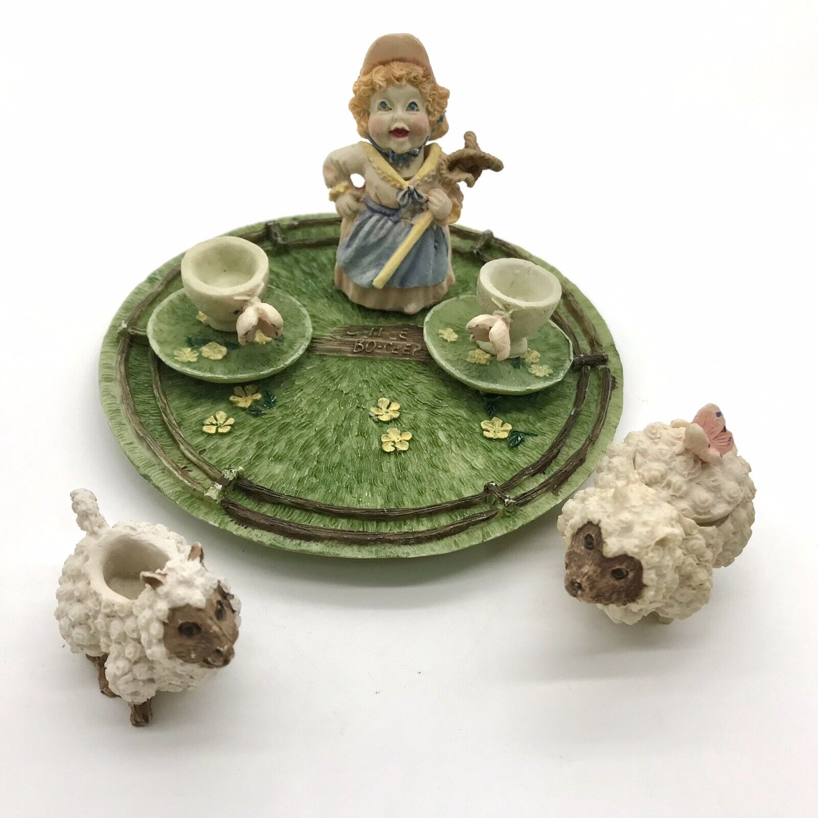 Vtg 1990’s Little Bo Peep Resin Miniature Decorative Tea Set Sheep Butterflies