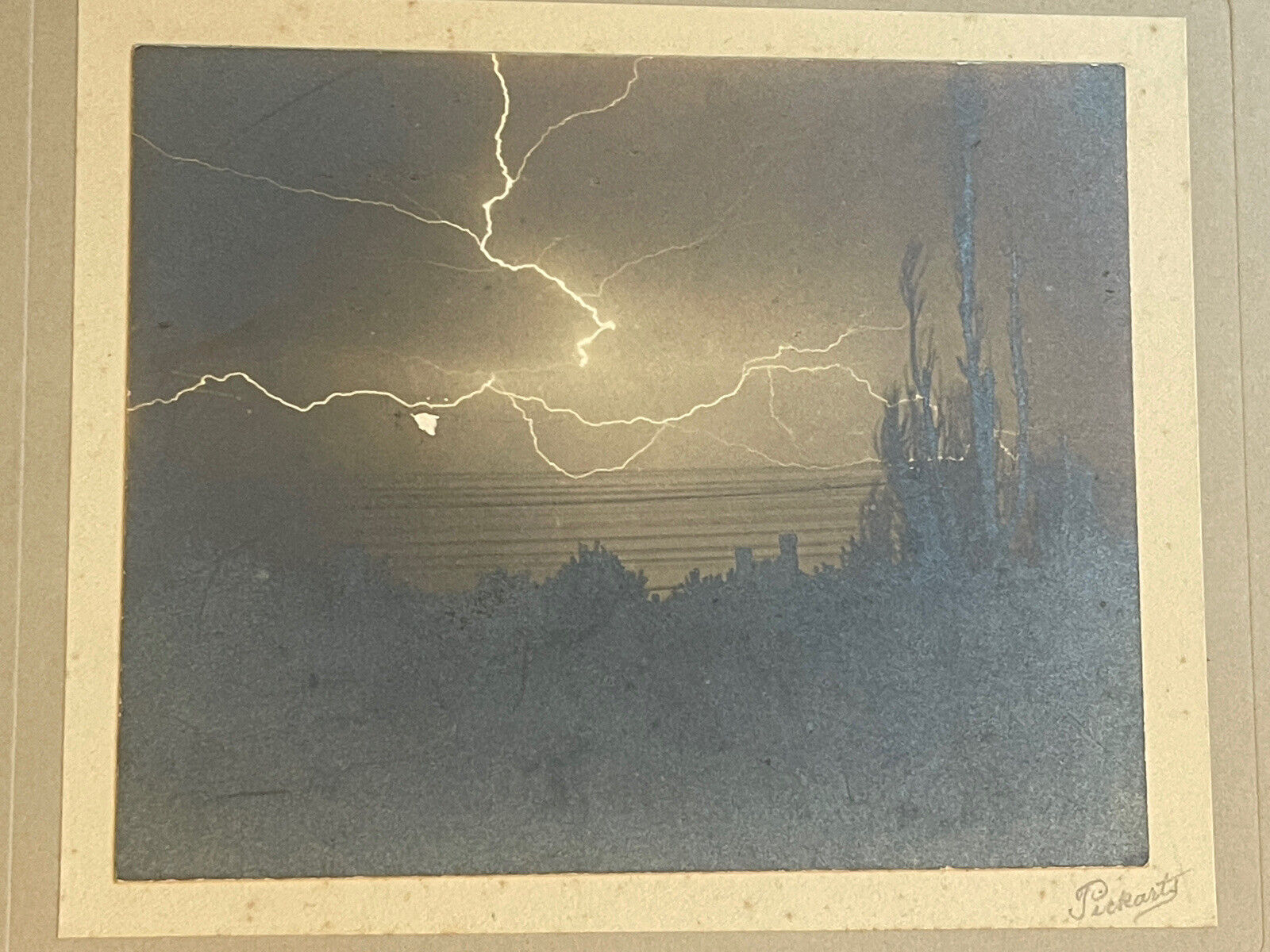 1902 mounted photo Lake Mendoza WI Lucien J Pickarts art Lightning Strike signed