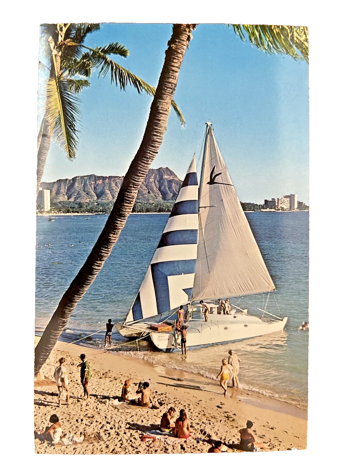 Vintage real photo post card  of Waikiki and Diamond Head beach people water UNP