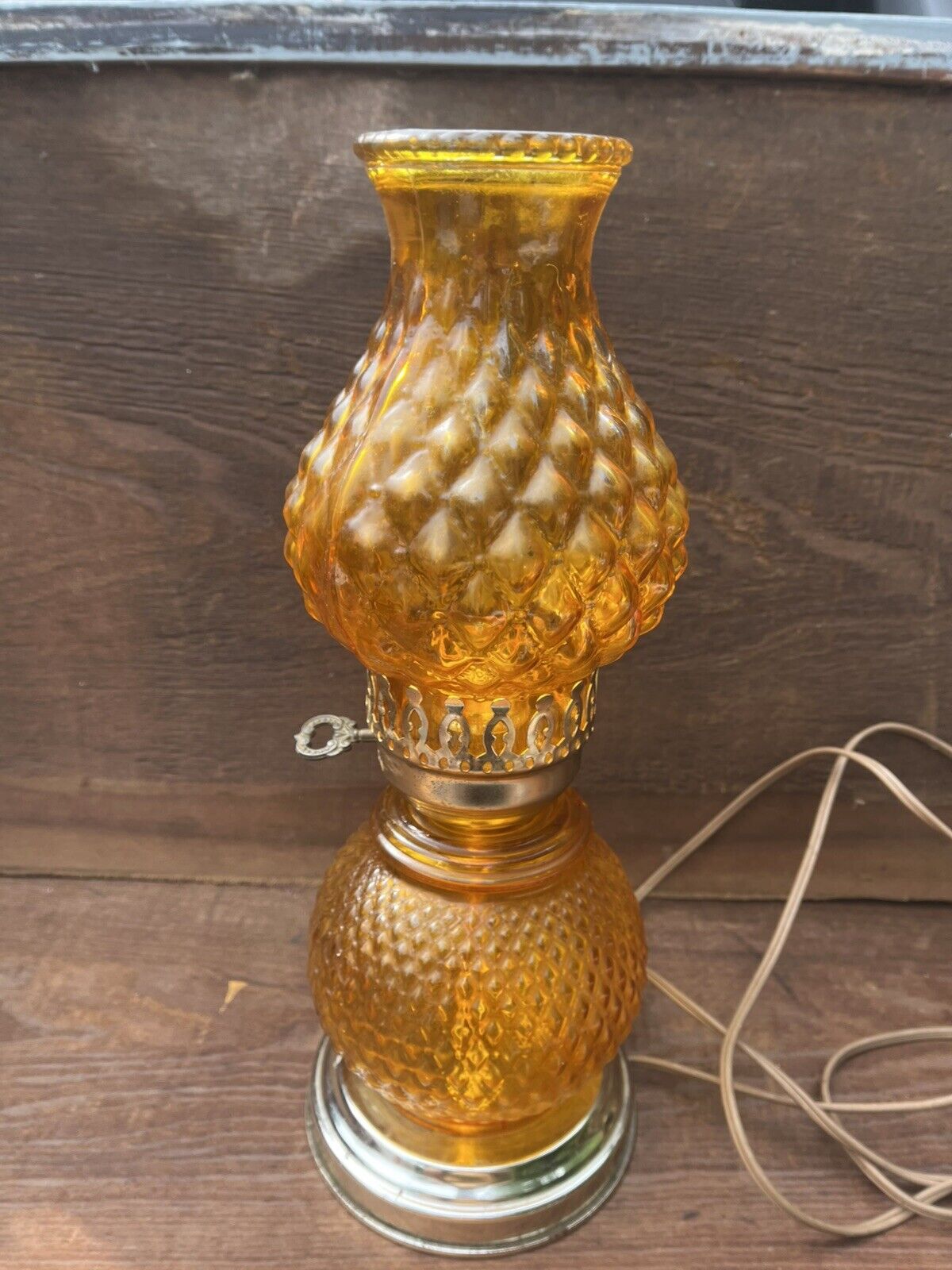 Vintage Amber Brown Glass Electric Hurricane Style Table Lamp