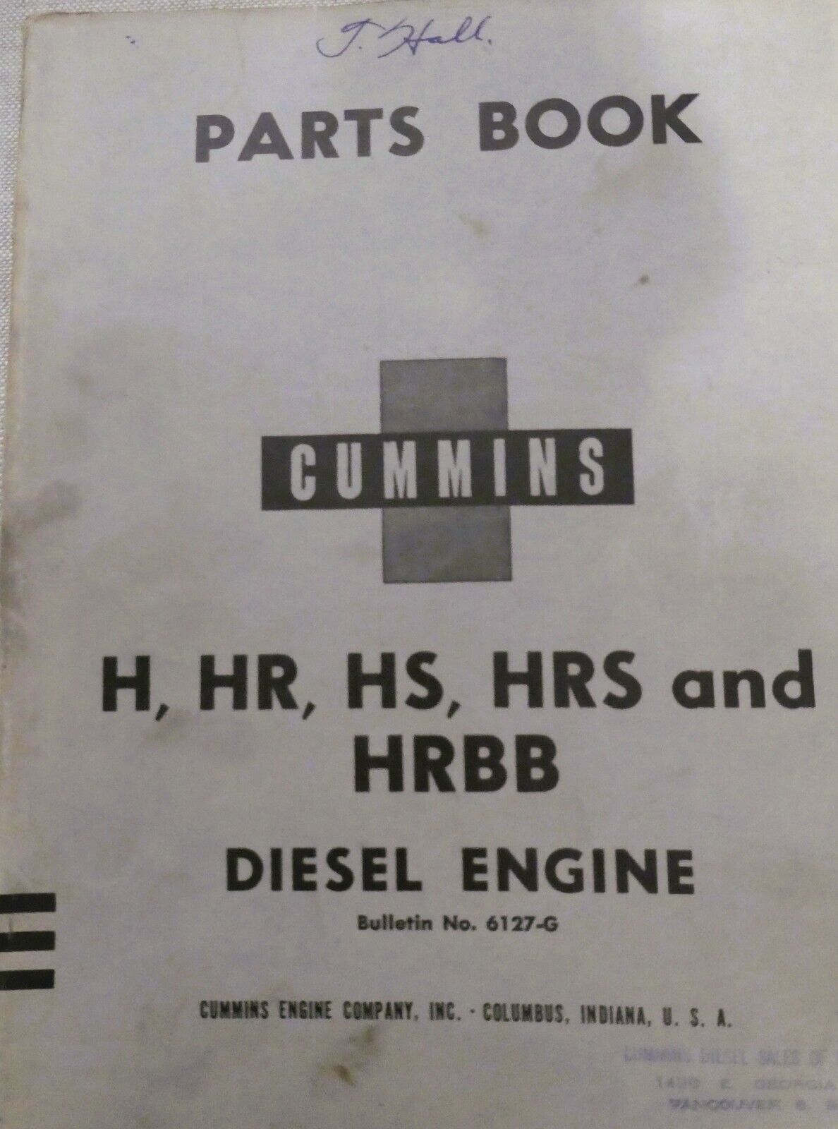 CUMMINS DIESEL ENGINE PARTS BOOK  1955 H HR HS HRS HRBB no 6127-G