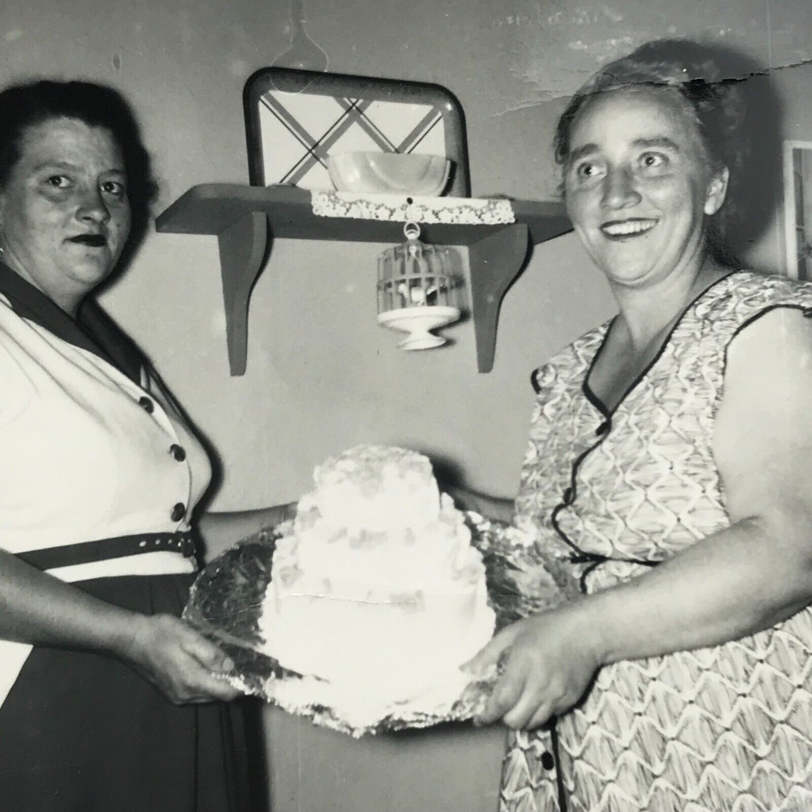 Vintage Black and White Photo Large Obese Women Holding Tiered Cake Smiling