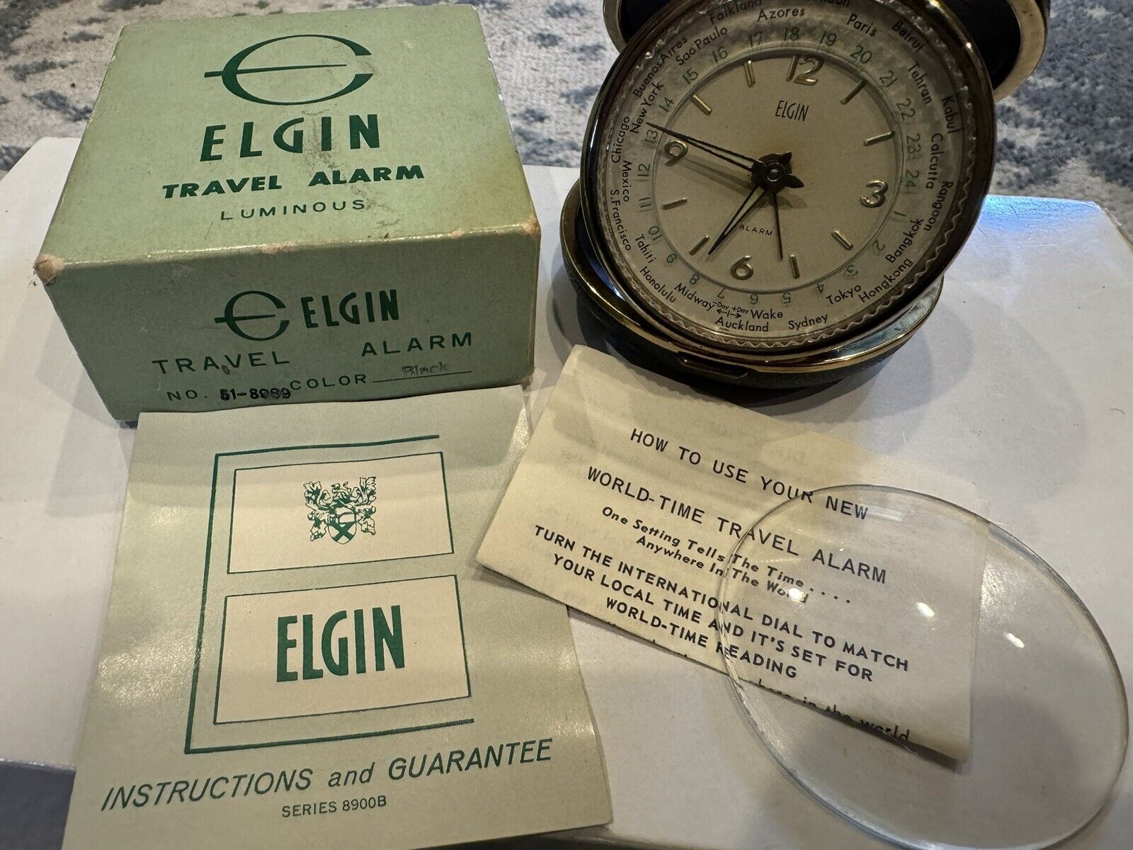 NEW Vintage 1969 Elgin World Time Travel Alarm 8989 Black Port of Los Angeles
