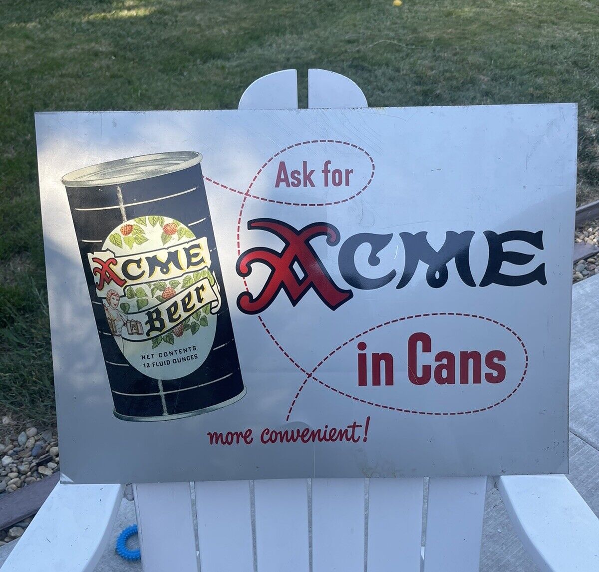1940-50s Ask For ACME BEER In Cans Metal Tin 24x17 Original Sign
