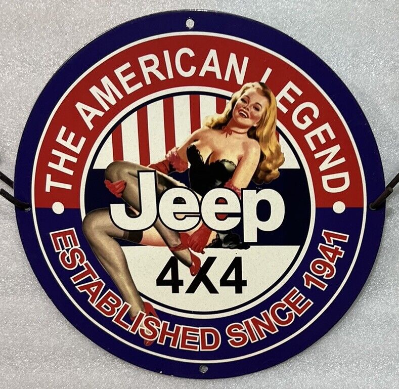 JEEP THE AMERICAN LEGEND 4x4 OFF ROADER ALL WEATHER DRIVE PORCELAIN ENAMEL SIGN