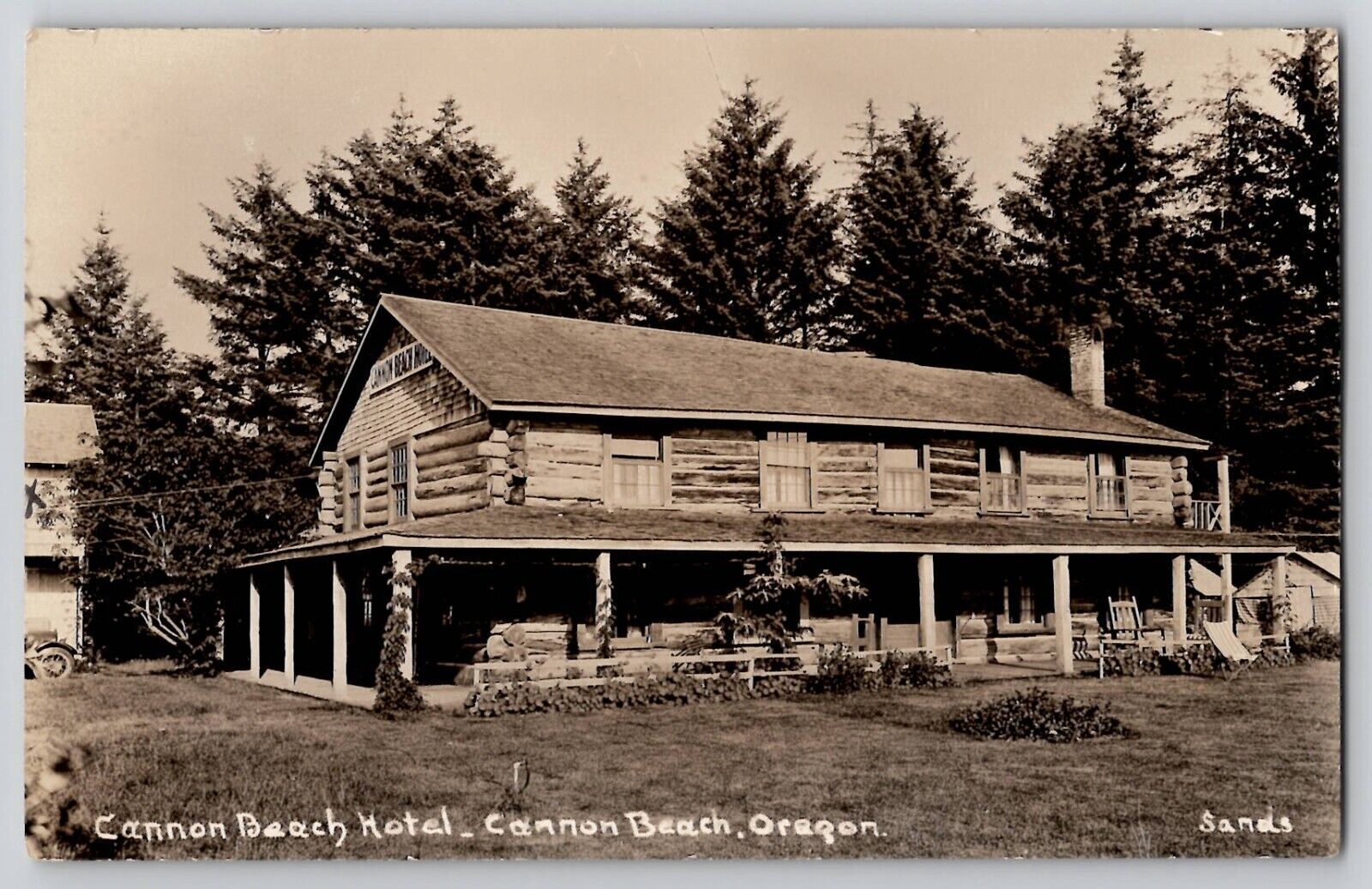 Cannon Beach Hotel OR Oregon RPPC Real Photo Postcard Sands c1920's Log Cabin