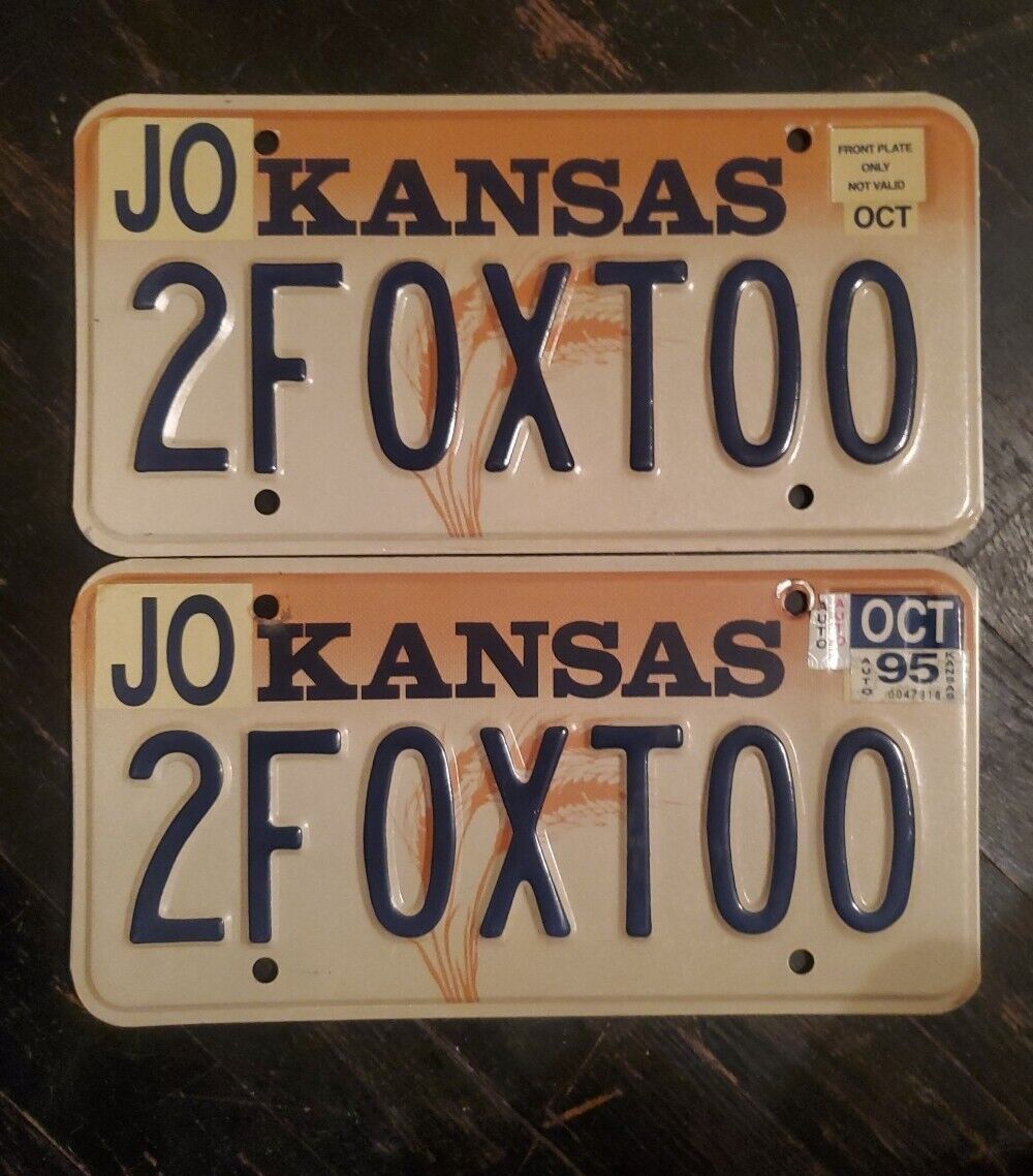 1995 Vintage Kansas Vanity License Plate   Set Of 2 Plates 2FOXTOO PAIR CAVE