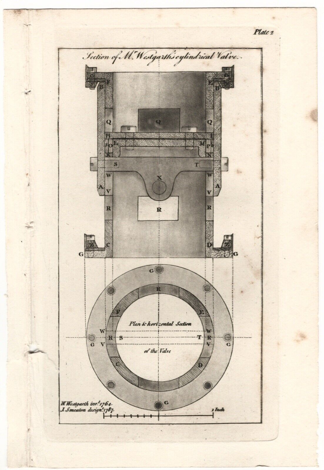 1789 ORIGINAL BOOK PLATE SECTION WESTGARTHS CYLINDRICAL STEAM ENGINE VALVE