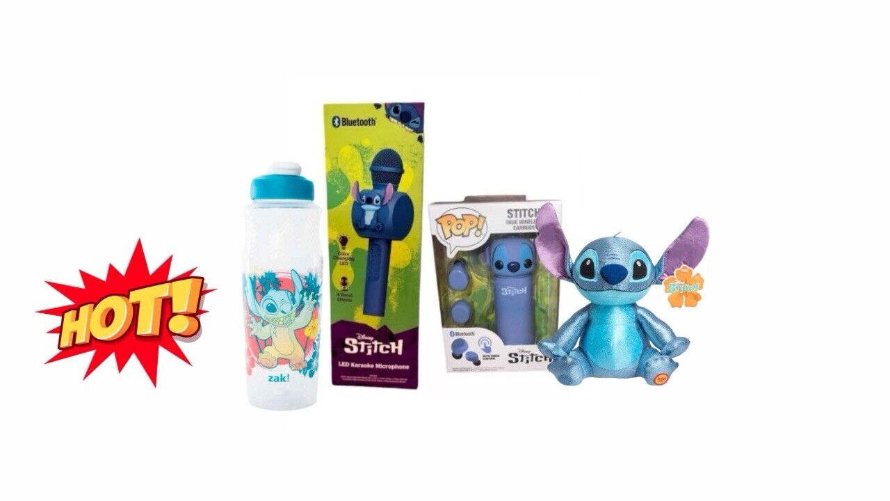 HUGE Stitch Gift Collectors Bundle Karaoke Mic Water Bottle Plush And Earbuds