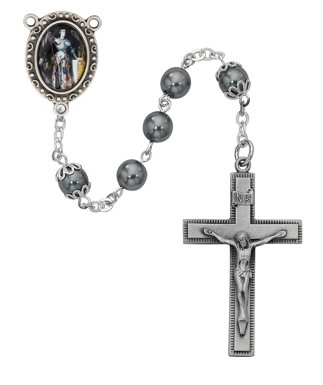 Saint Joan of Arc Hematite Bead Rosary Pewter Center And INRI Crucifix 7mm Beads
