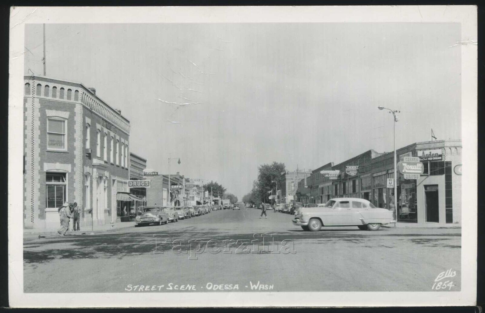 WA Odessa RPPC 1957 STREET SCENE Arden Ice Cream Sign STORES Cars Ellis 1854