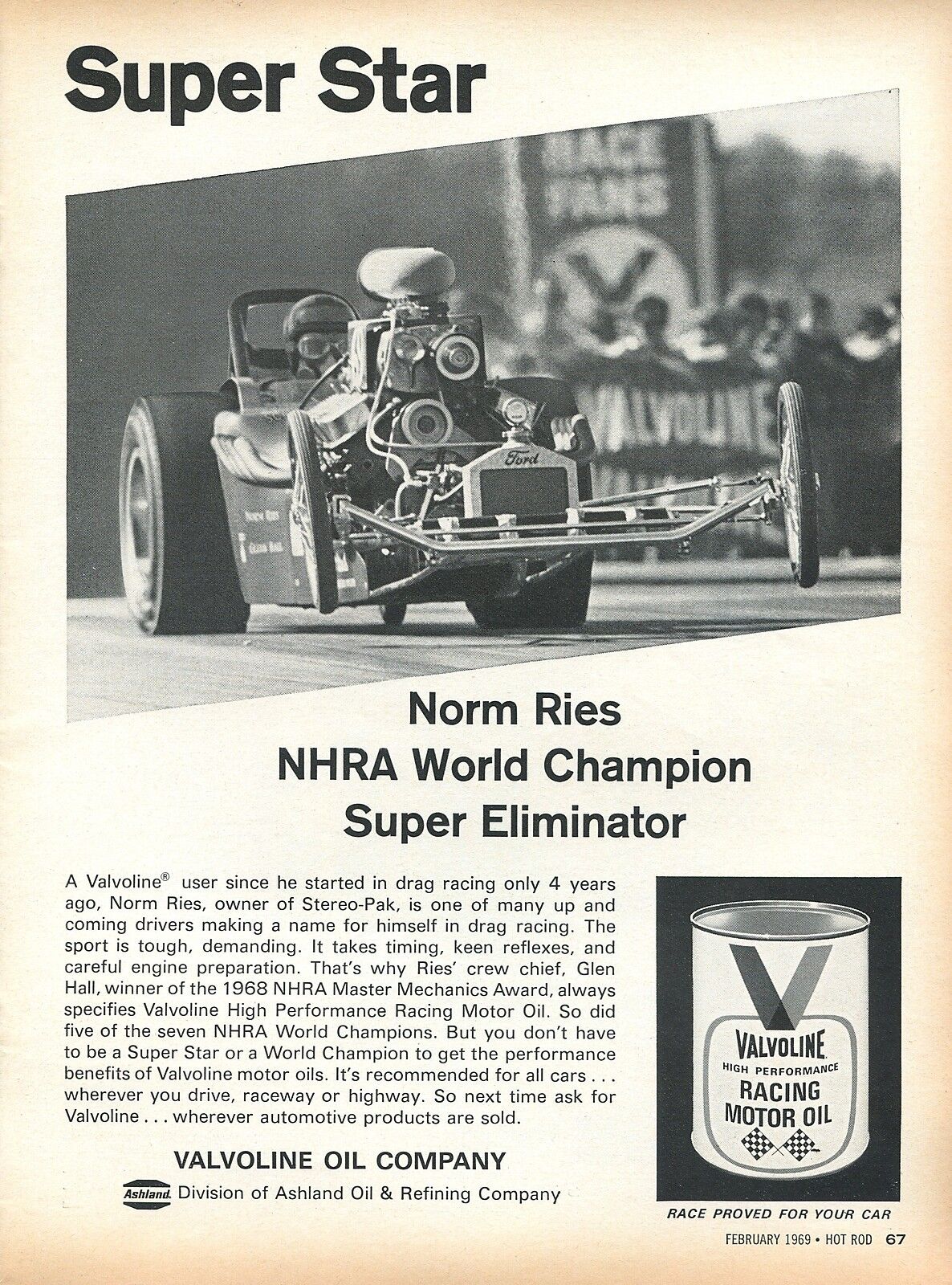 1969 Print Ad Valvoline Racing Motor Oil Super Eliminator World Champ Norm Ries