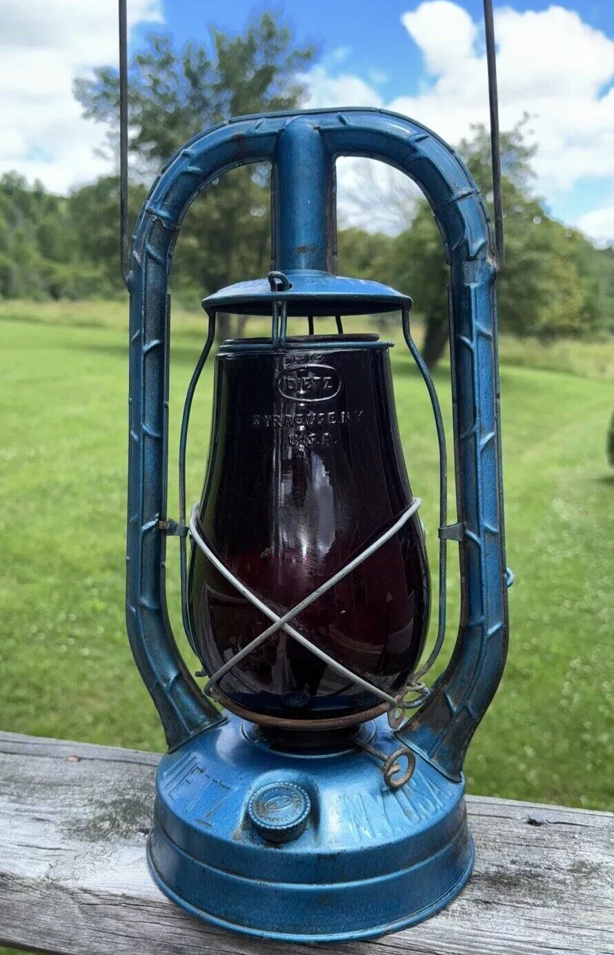 Vintage Blue Dietz Monarch Lantern NY USA Red Glass Globe Lantern Fitzall Globe
