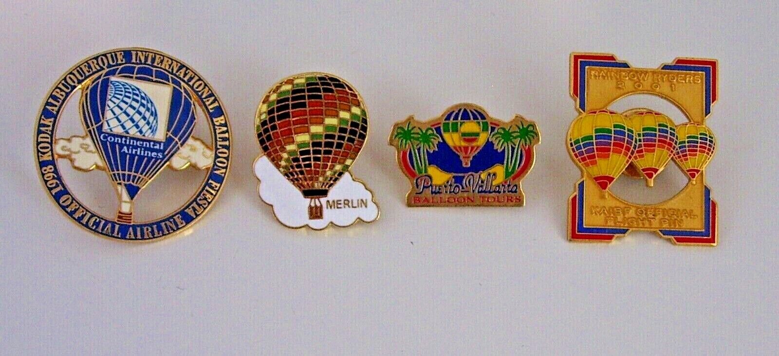 4 Hot Air Balloon Pins - 1998 Kodak, Merlin, Puerto Vallarta, 2001 Rainbow Ryder