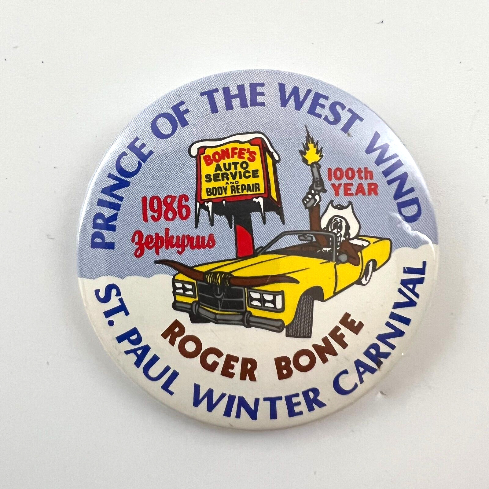 St Paul Winter Carnival 1986 Pinback Button Prince Of The West Wind 100th Year
