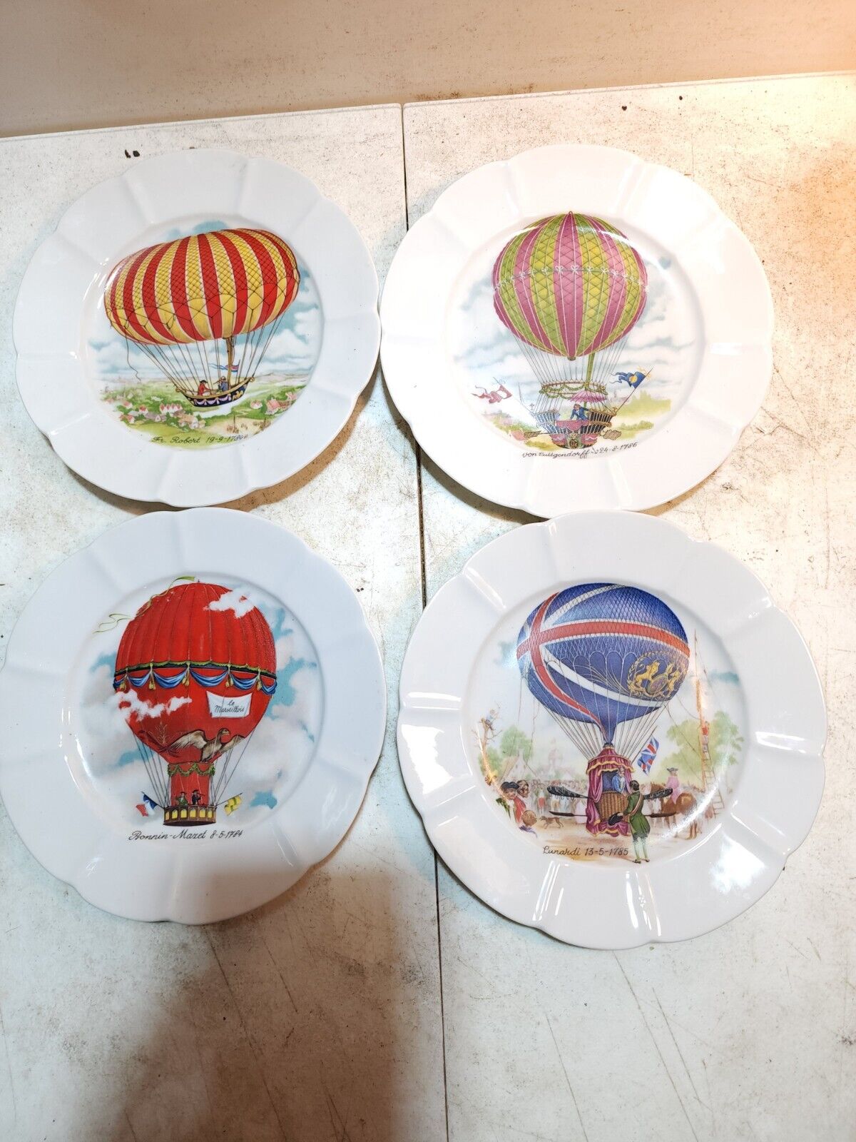 Vintage Paris Collection Porcelain Set Of 4 Hot Air Balloon Plates with Stands