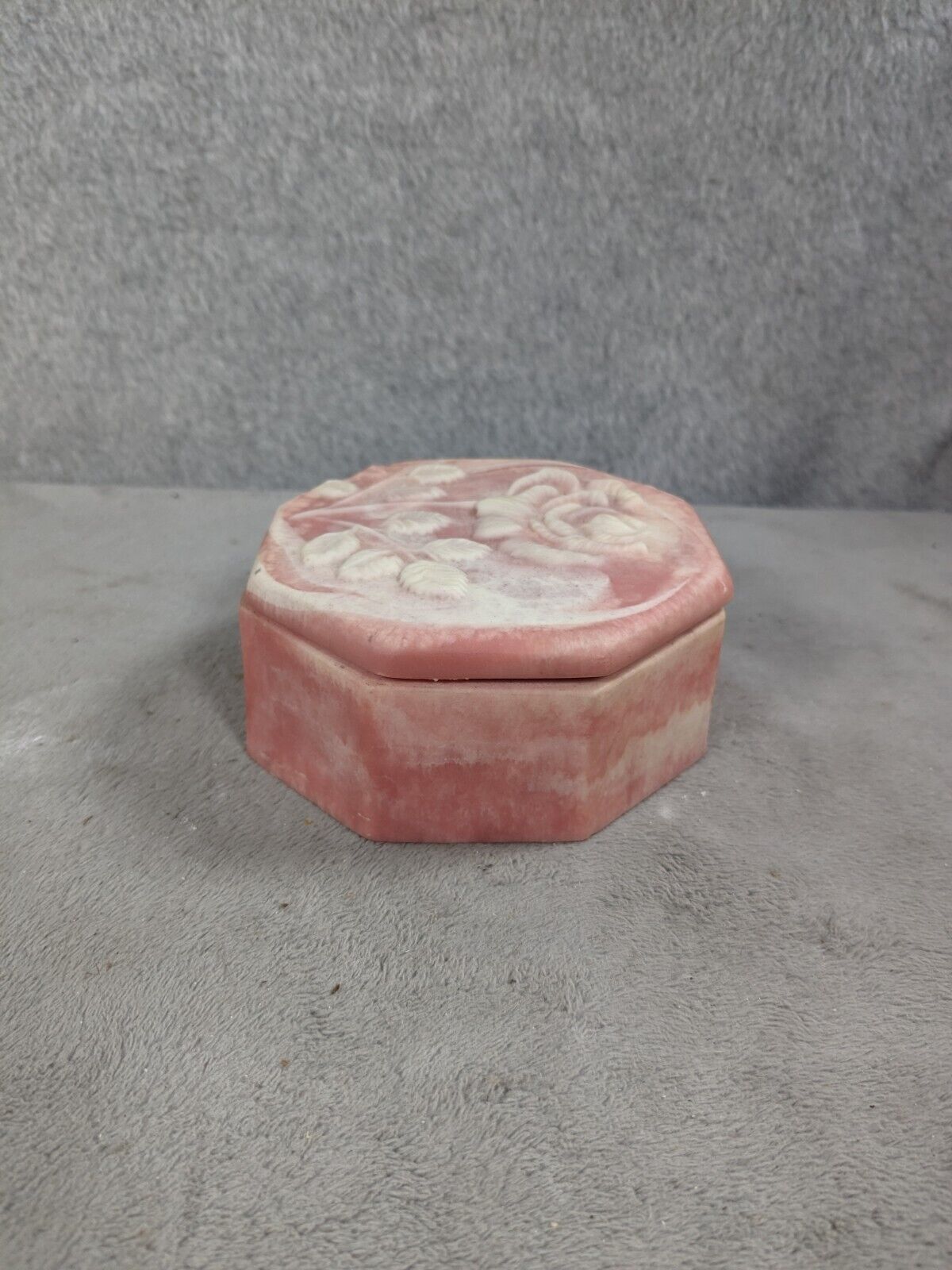 Vintage Incolay Octagonal White Flower On Pink Stone Jewelry/Trinket Box