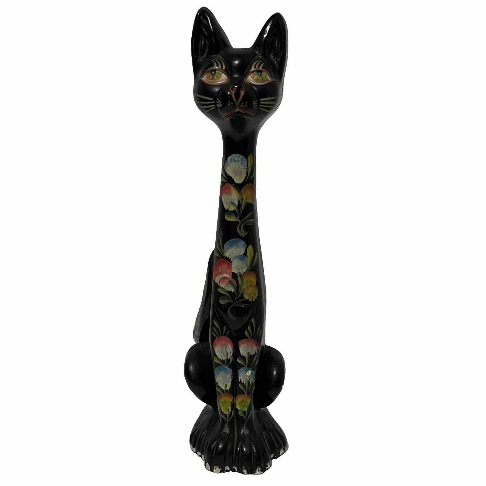 Vintage MCM Tall Long Neck Cat Statue Hand Painted Floral 13”