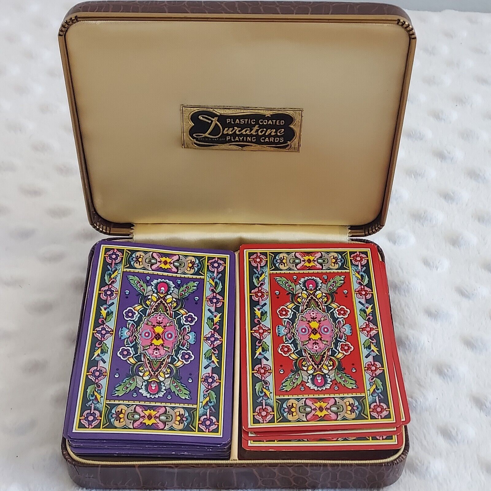 Vintage Duratone Plastic Coated Playing Cards Arrco 2 Deck Set Paisley Floral 