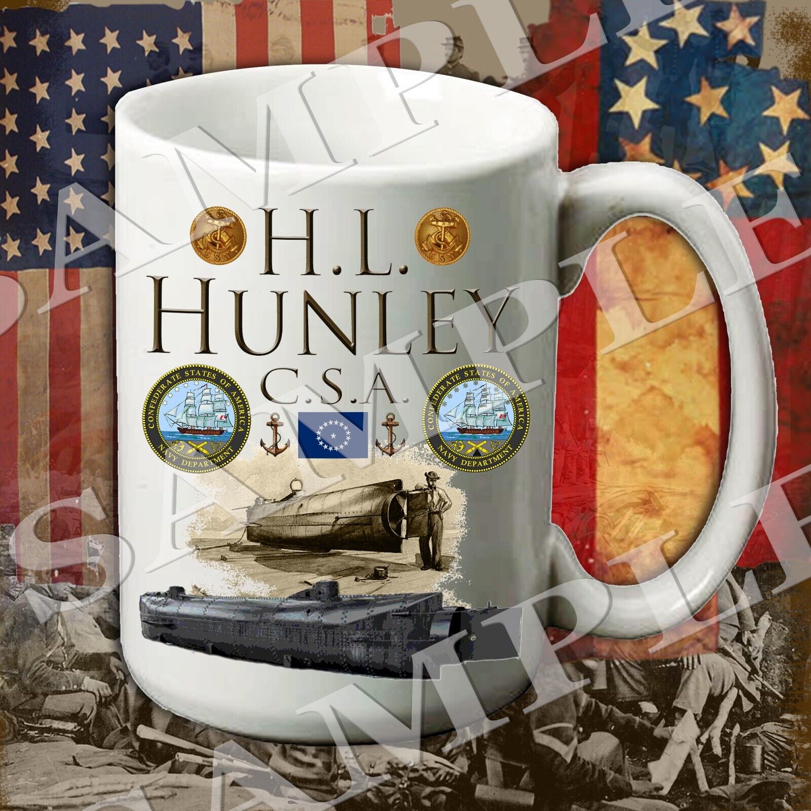 H.L. Hunley Confederate Naval 15-ounce American Civil War themed coffee mug