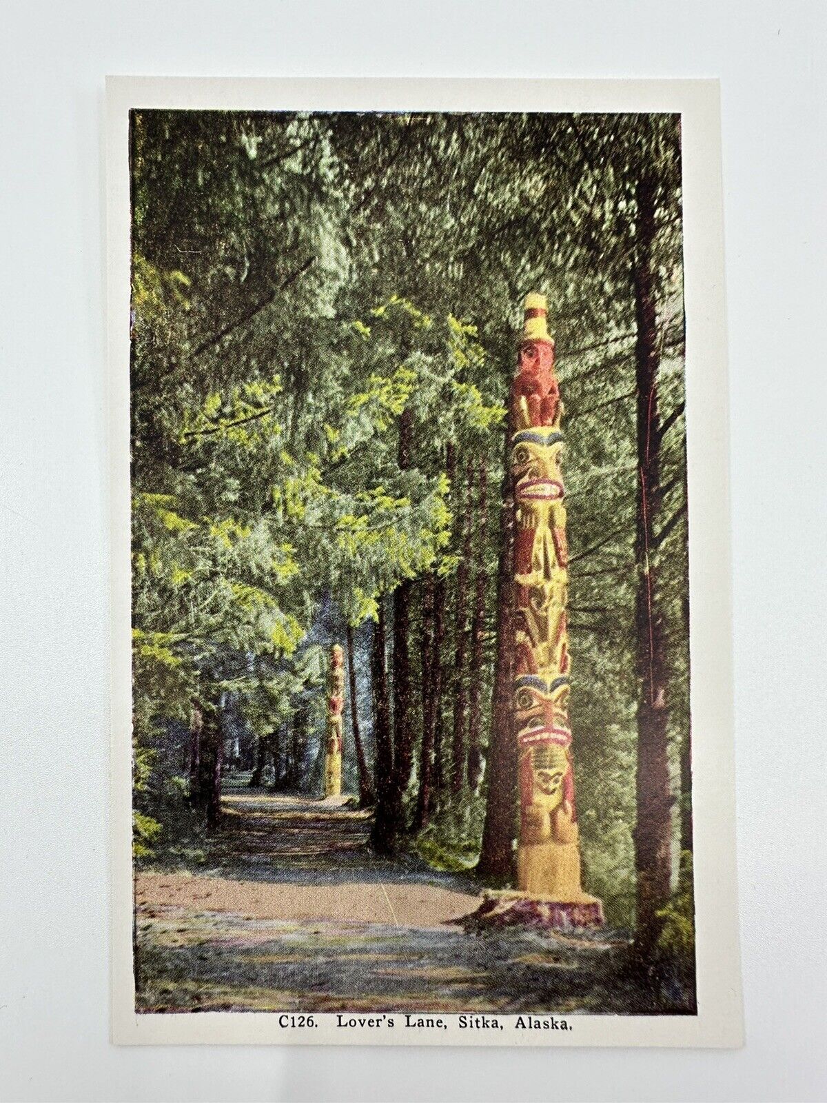 Vintage HHT Alaska Postcard - Lover’s Lane, Sitka  Totem Pole, New Old Stock NOS