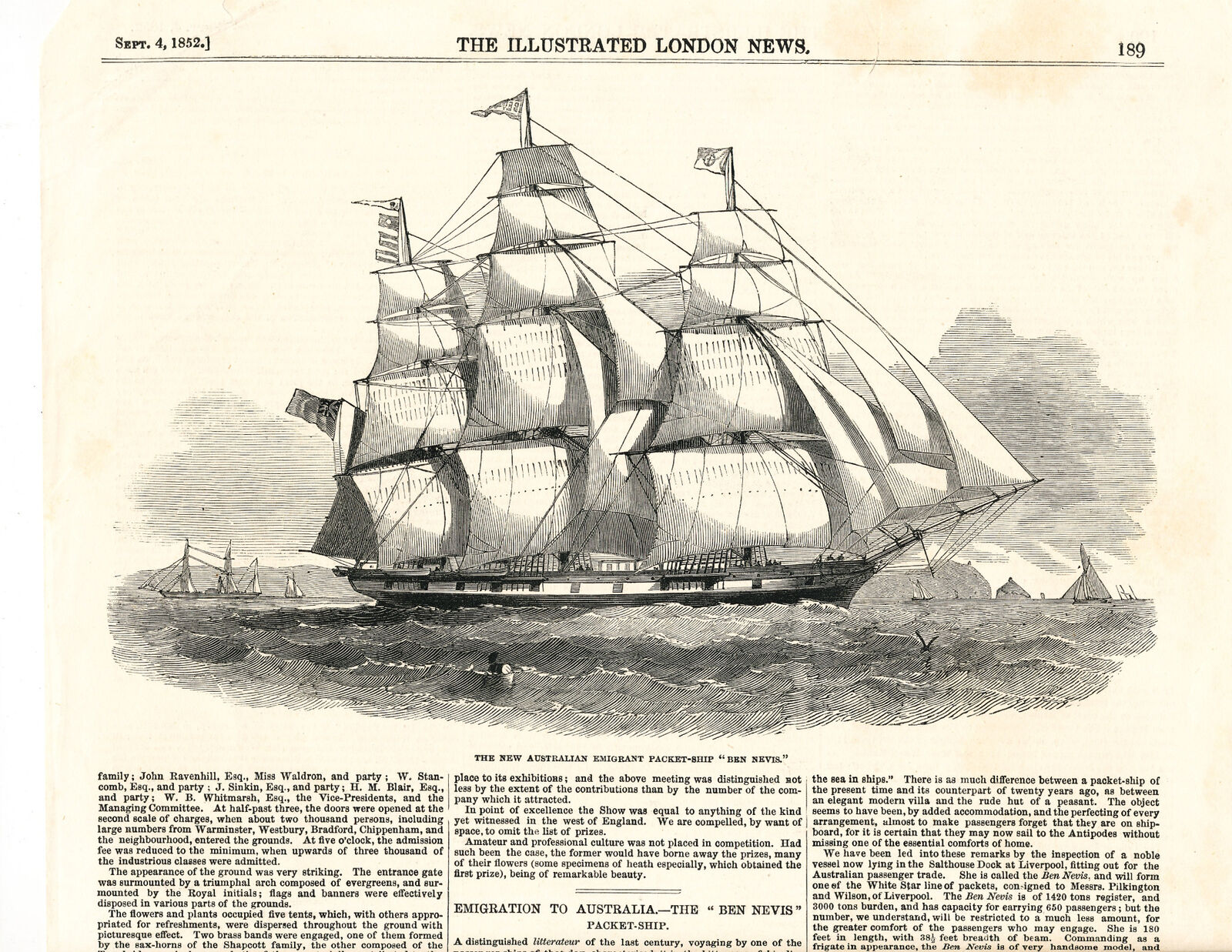 VINTAGE NEWSPAPER - PACKET SHIP BEN NEVIS  ILLUSTRATED LONDON NEWS 1852