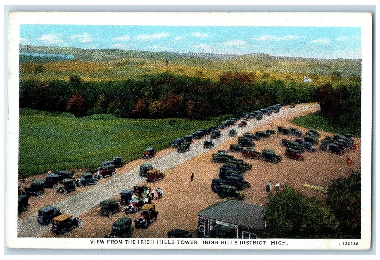 c1920 View Irish Hills Tower Classic Car Irish Hills District Michigan Postcard