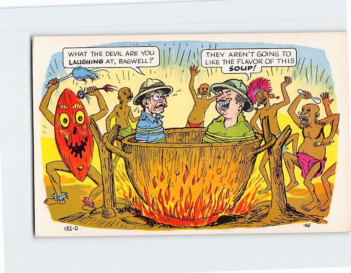 Postcard Two Man in Boiling Cauldron Cannibal Pitchfork Humor Comic Card