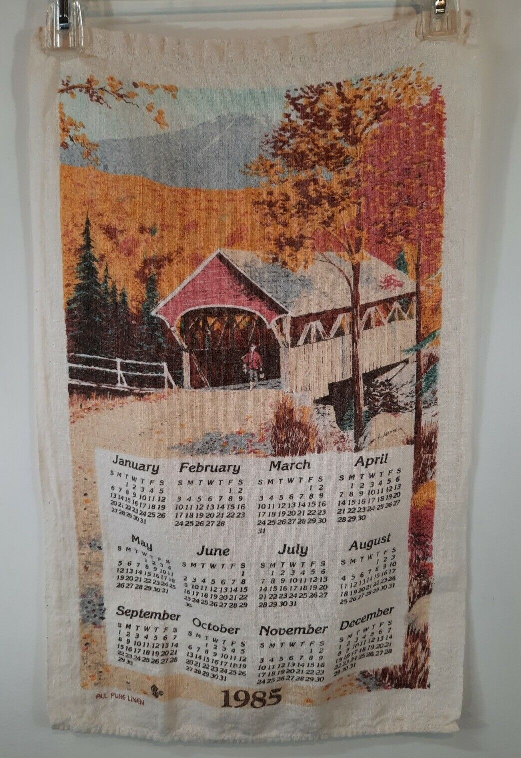 1985 Vtg Calendar Tea Kitchen Towel Linen Covered Bridge Fall Leaves Trees