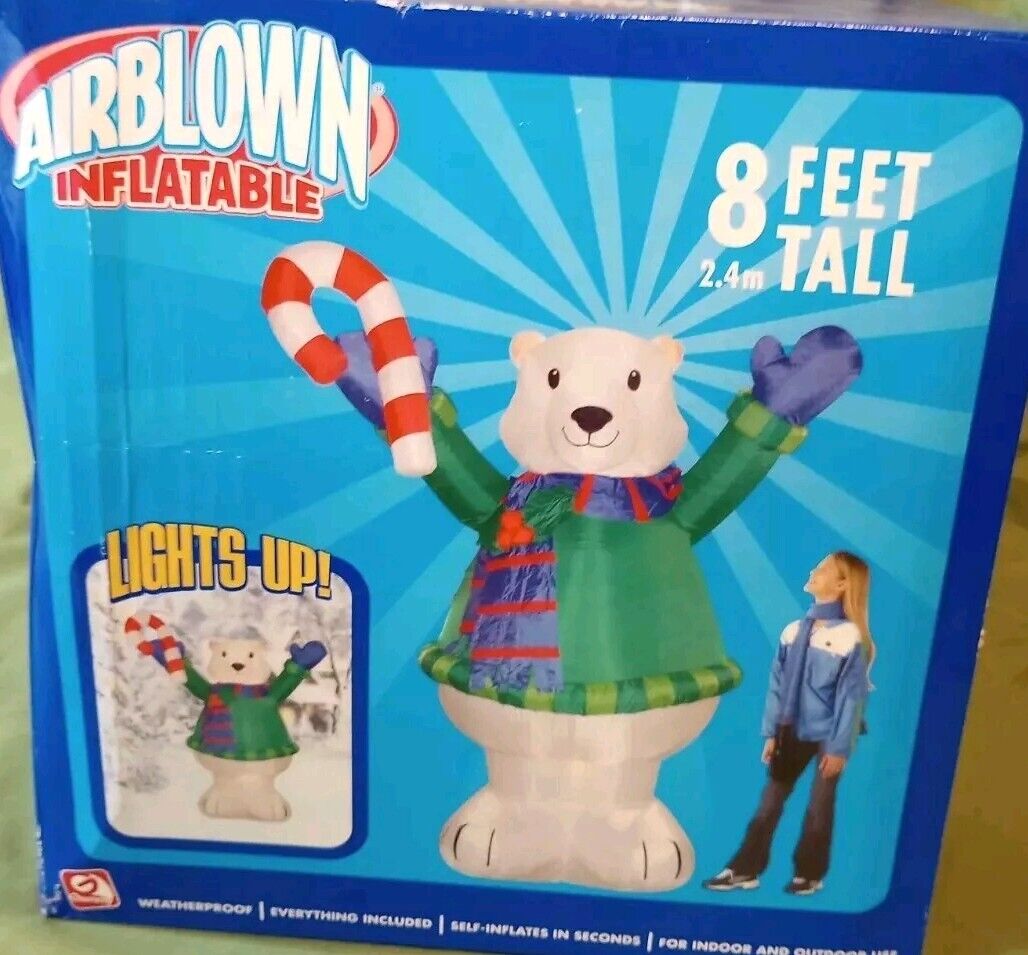 Gemmy 8 Ft Airblown Inflatable Polar Bear Holding Candy Cane Christmas Lights Up