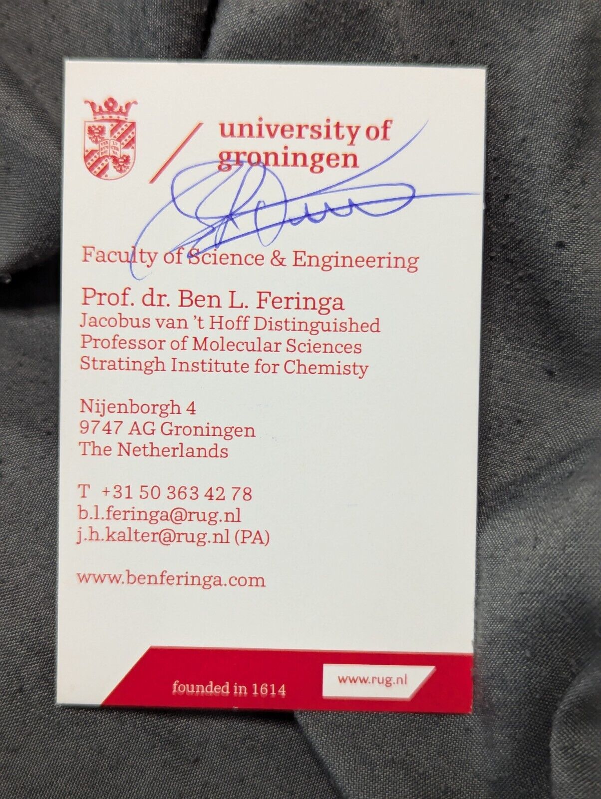 Ben Feringa Nobel Prize Chemistry Signed Autographed business card Netherlands 
