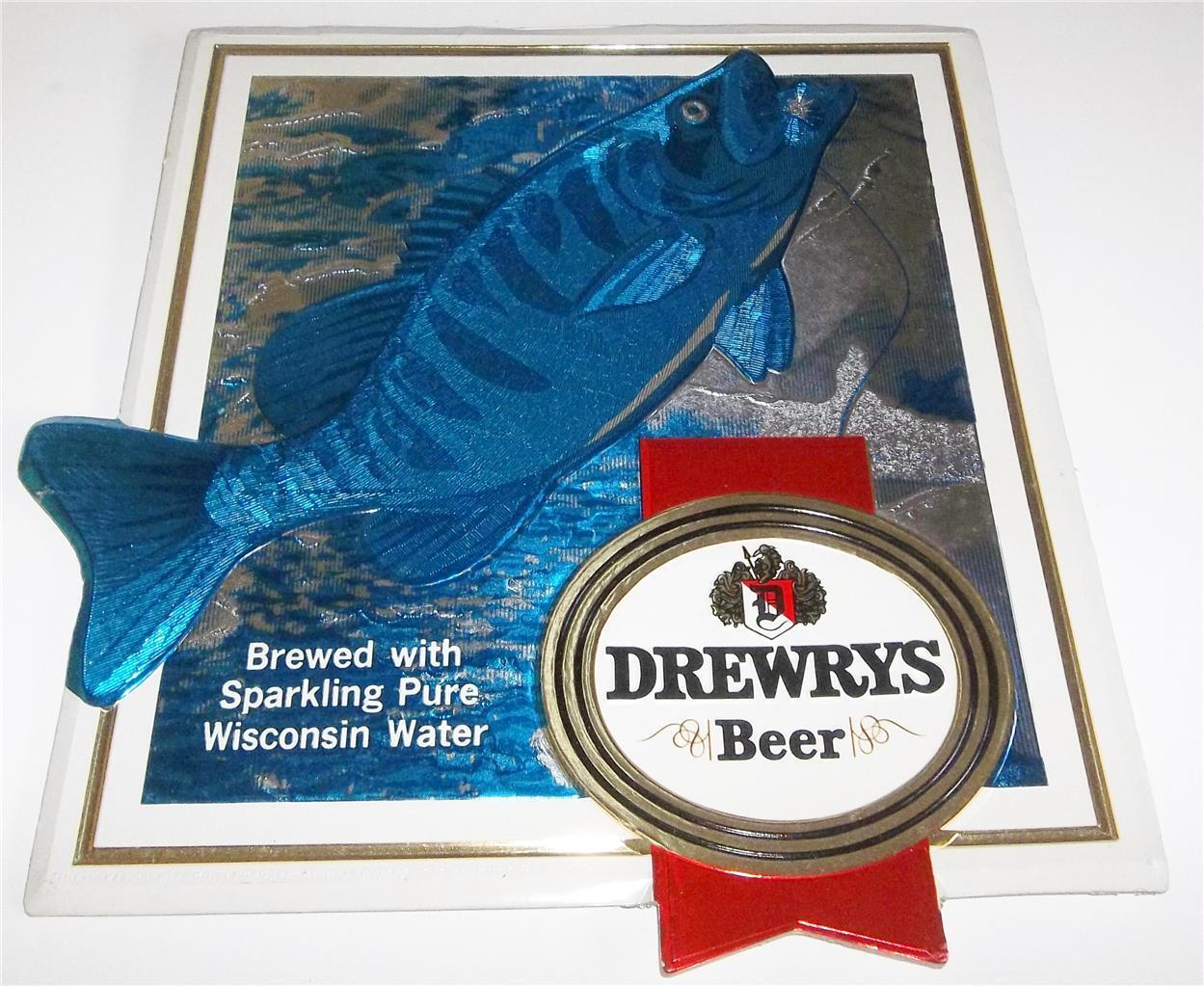 Vintage Drewrys Beer Embosograph Foil Over Cardboard Sign  Fishing