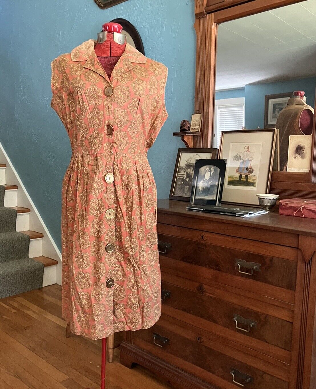 Vintage 1950s 60s COTTON CORAL YELLOW PAISLEY PLEATED SHIRT DRESS LG BUTTONS ML