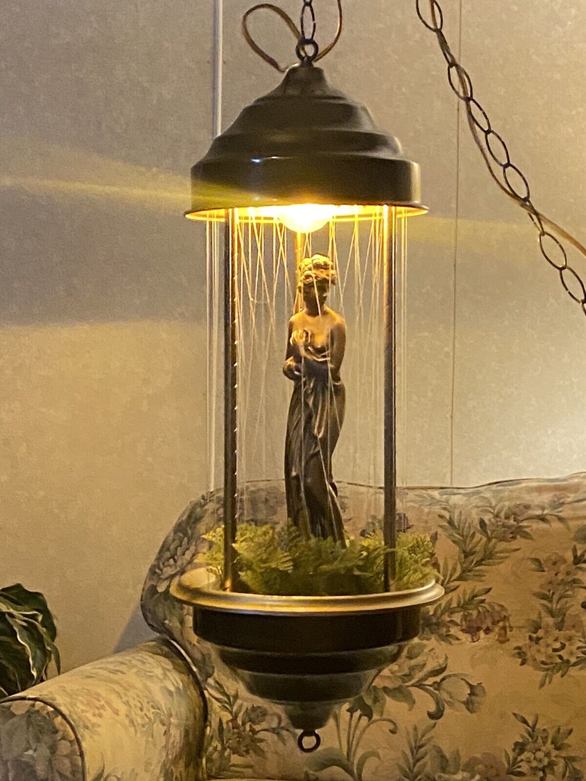 Vintage MCM mid century modern Hanging Greek Goddess Statue Oil swag Rain Lamp