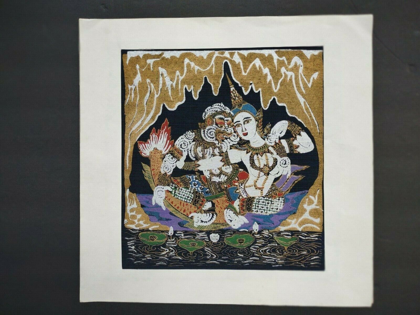 Vintage Hindu Painting on Black Silk Thai Asia Ganesh Wall Art Decor
